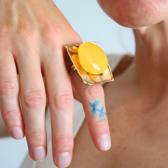 Butterscotch Amber Ring – Adjustable 14k Gold Plated Sterling Silver - Picture 6 of 8